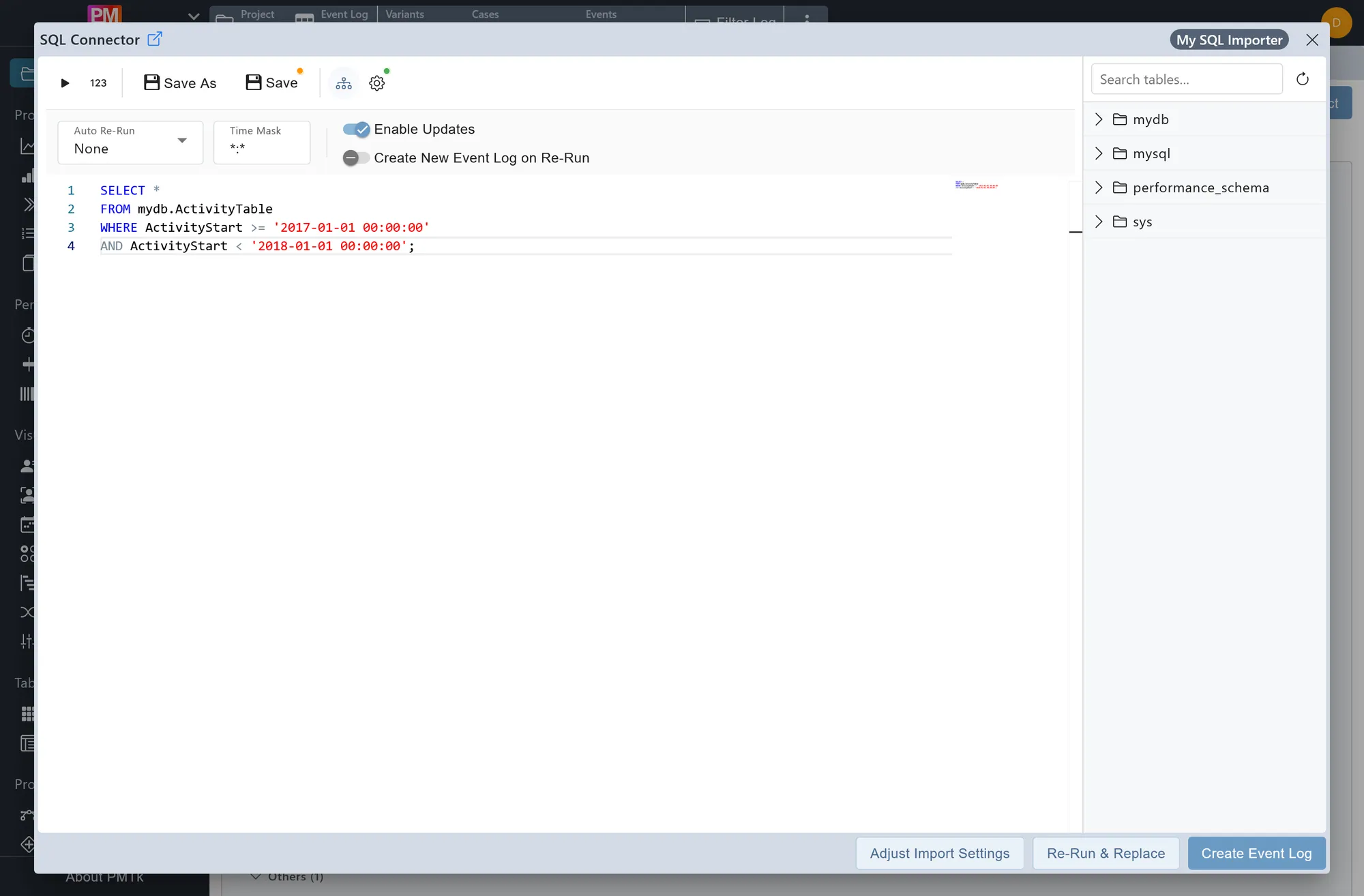 Screenshot of PMTk – the Process Mining Toolkit – SQL Connector dialog