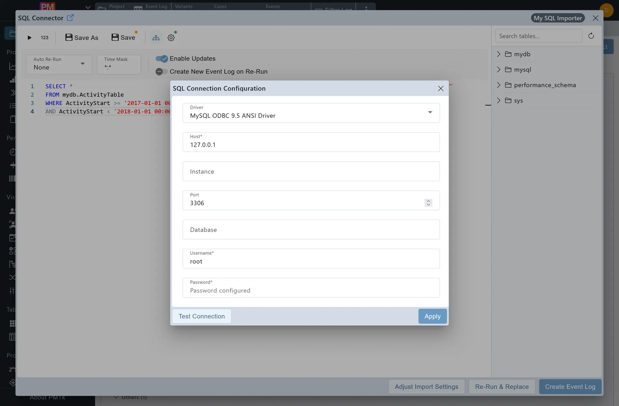 Screenshot of PMTk – the Process Mining Toolkit – SQL Connection Configuration dialog