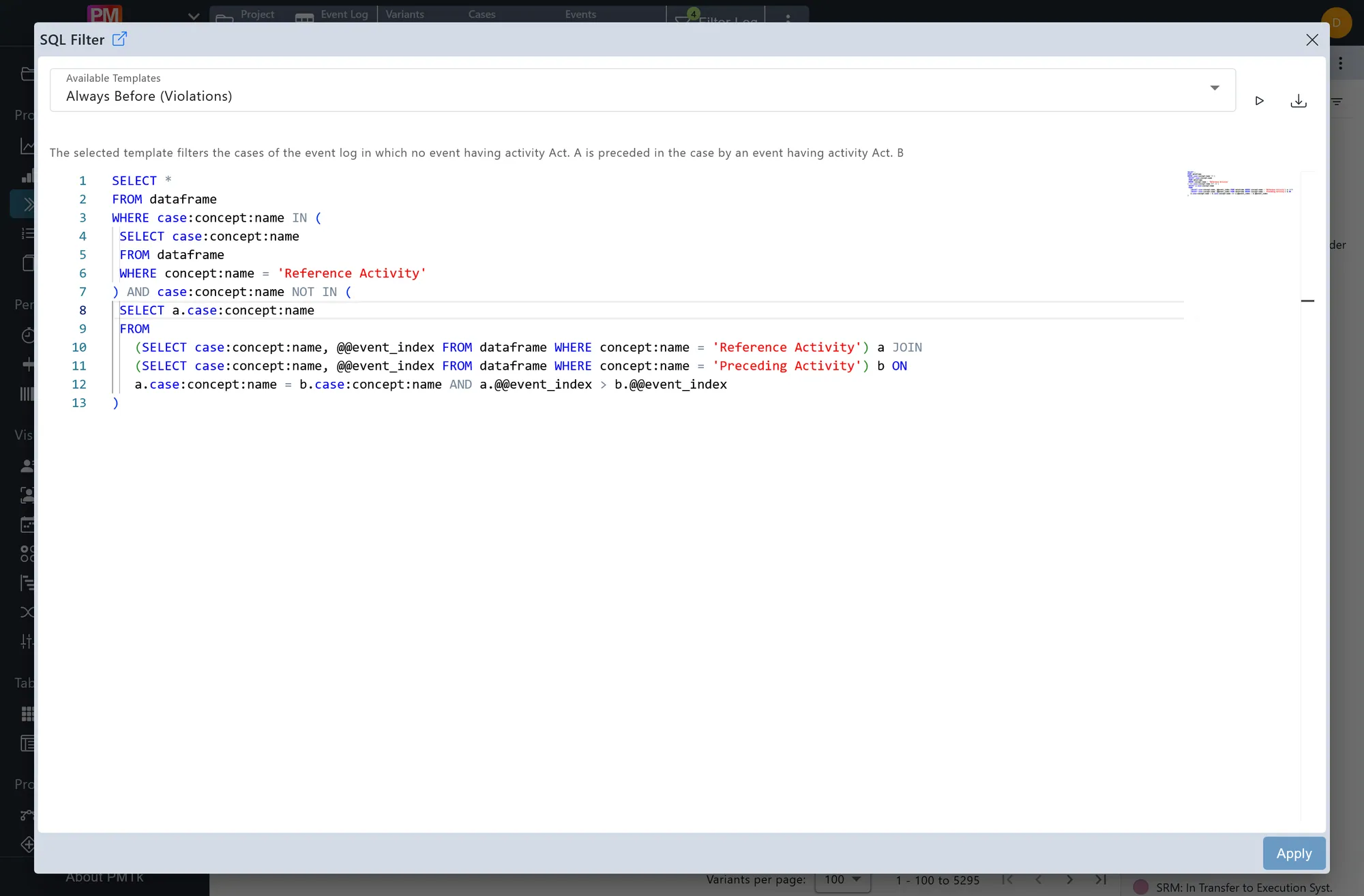 PMTk SQL filter editor with a query selecting cases from the event log